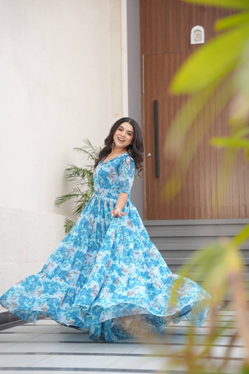 Sky Blue Printed Faux Georgette Gown with Fancy V-Neck | Full Cotton Lining | Ready to Wear ClothsVilla