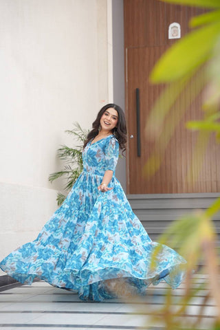 Sky Blue Printed Faux Georgette Gown with Fancy V-Neck | Full Cotton Lining | Ready to Wear ClothsVilla