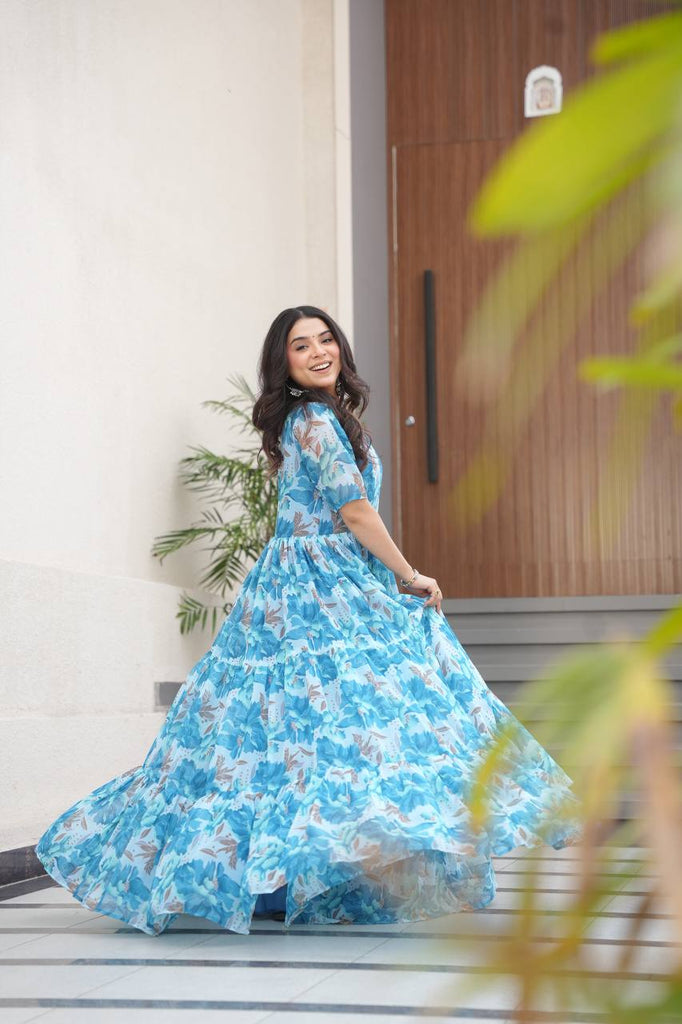 Sky Blue Printed Faux Georgette Gown with Fancy V-Neck | Full Cotton Lining | Ready to Wear ClothsVilla