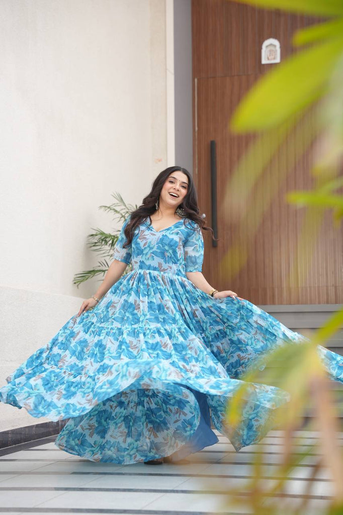 Sky Blue Printed Faux Georgette Gown with Fancy V-Neck | Full Cotton Lining | Ready to Wear ClothsVilla