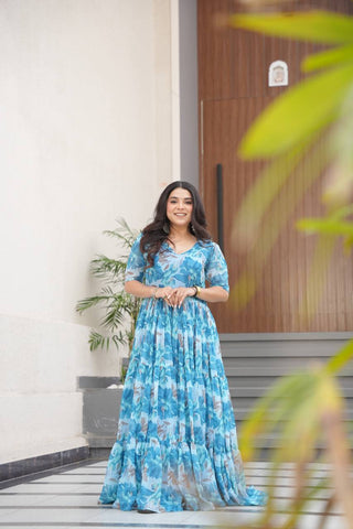 Sky Blue Printed Faux Georgette Gown with Fancy V-Neck | Full Cotton Lining | Ready to Wear ClothsVilla