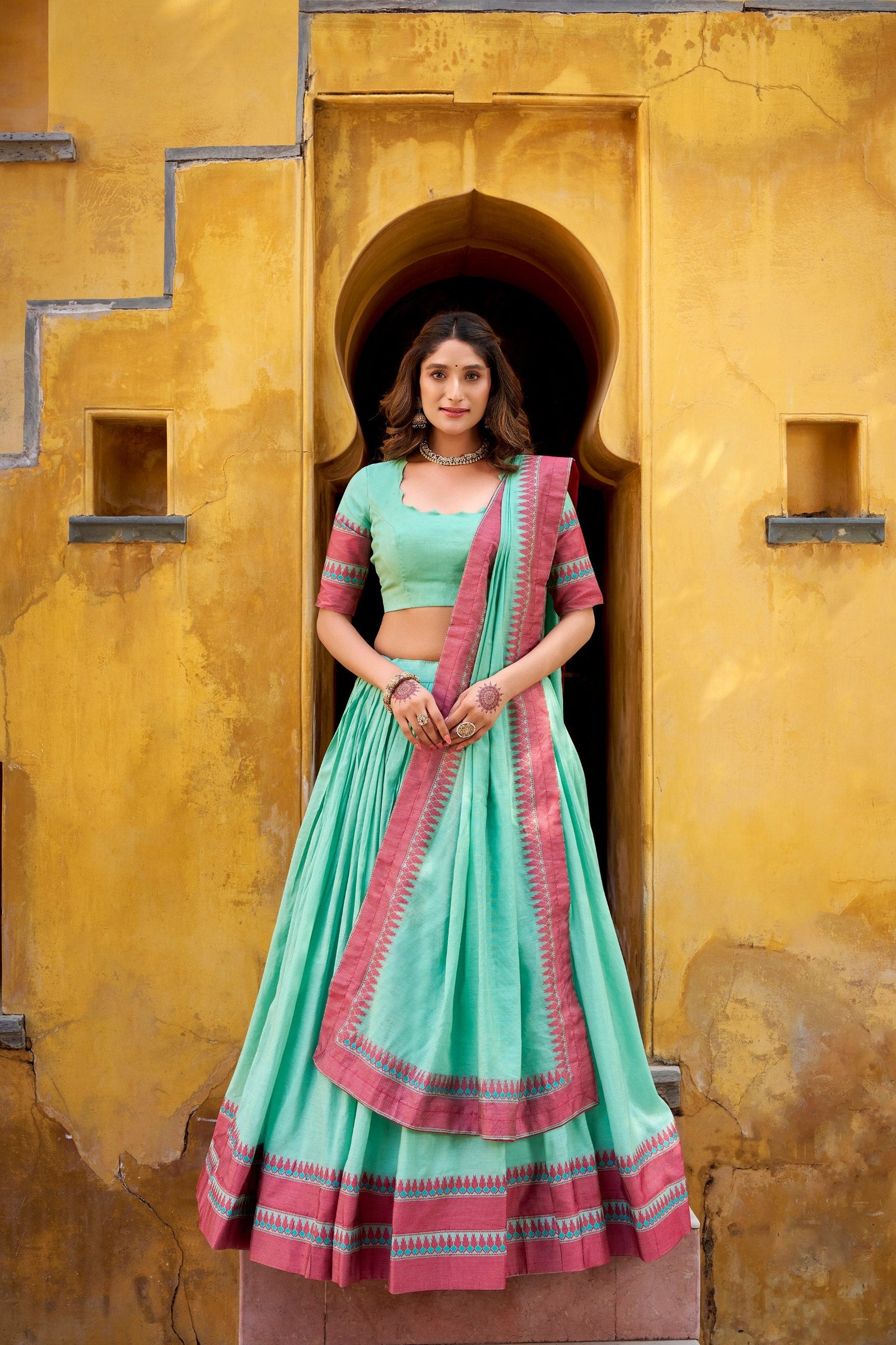 Sky Blue Pure Chanderi Thread Work Lehenga Choli Set with Matching Dupatta – 4 Meter Flair, Stitched Lehenga & Unstitched Blouse ClothsVilla