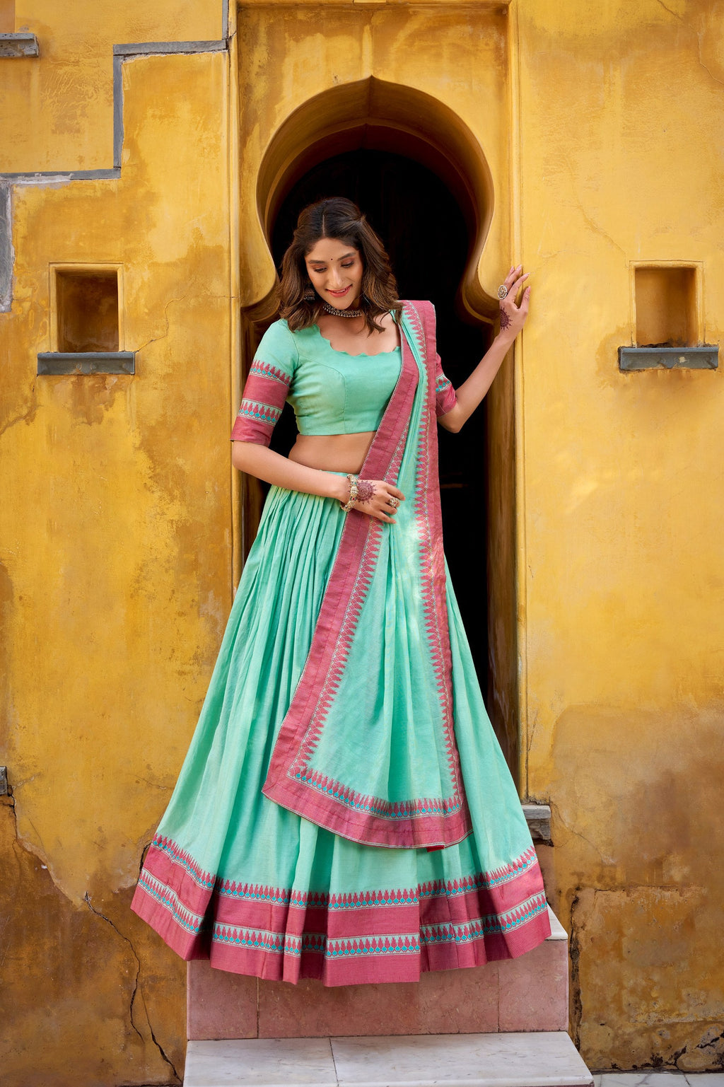 Sky Blue Pure Chanderi Thread Work Lehenga Choli Set with Matching Dupatta – 4 Meter Flair, Stitched Lehenga & Unstitched Blouse ClothsVilla