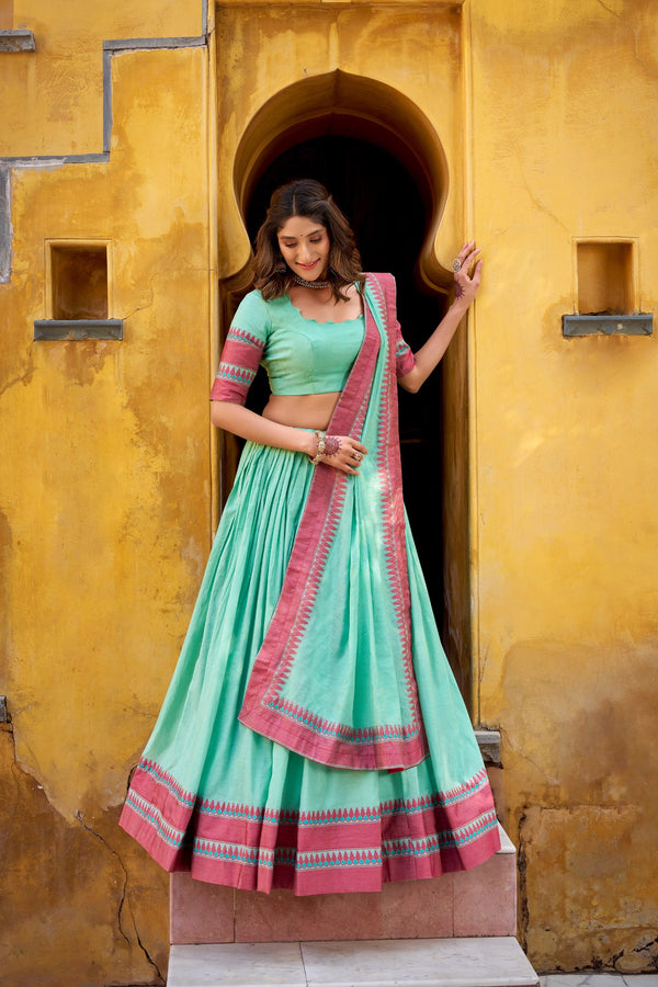Sky Blue Pure Chanderi Thread Work Lehenga Choli Set with Matching Dupatta – 4 Meter Flair, Stitched Lehenga & Unstitched Blouse ClothsVilla