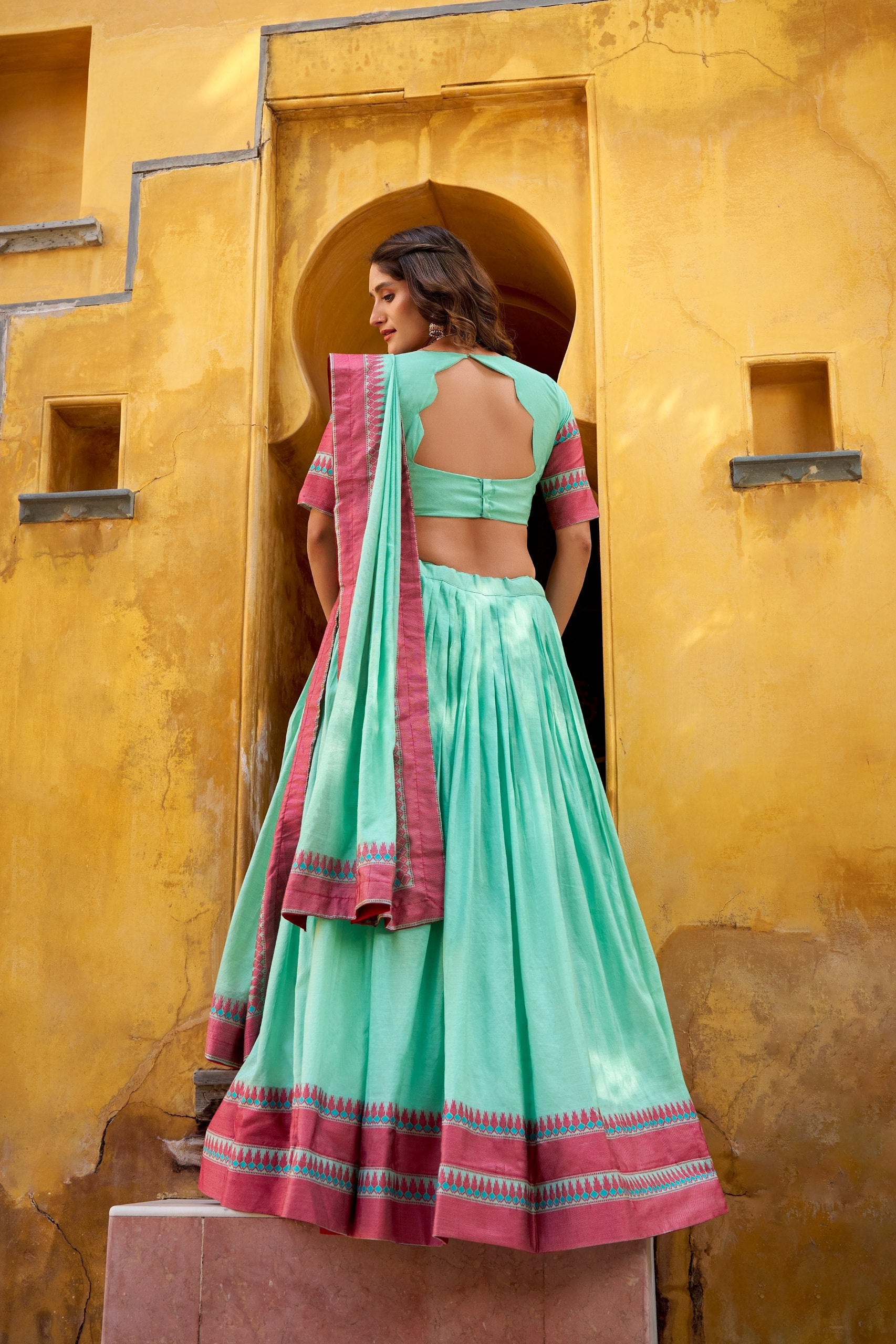 Sky Blue Pure Chanderi Thread Work Lehenga Choli Set with Matching Dupatta – 4 Meter Flair, Stitched Lehenga & Unstitched Blouse ClothsVilla