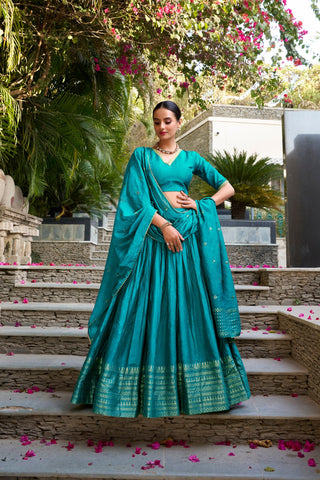 Sky Blue Pure Chanderi Zari Weaving Lehenga Choli Set with 4-Meter Flair & Sequins Embroidered Dupatta ClothsVilla