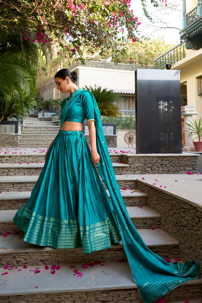Sky Blue Pure Chanderi Zari Weaving Lehenga Choli Set with 4-Meter Flair & Sequins Embroidered Dupatta ClothsVilla