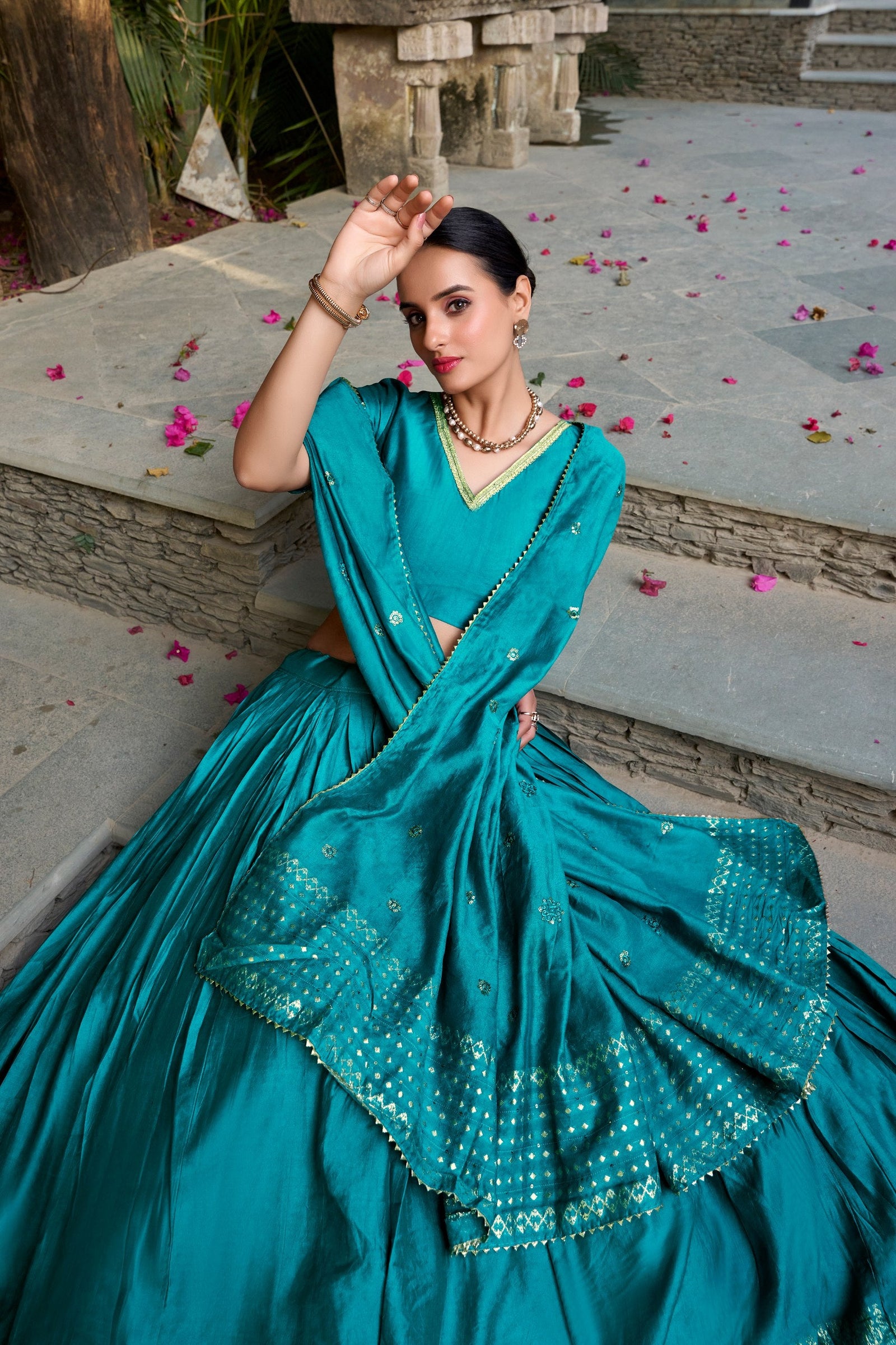 Sky Blue Pure Chanderi Zari Weaving Lehenga Choli Set with 4-Meter Flair & Sequins Embroidered Dupatta ClothsVilla