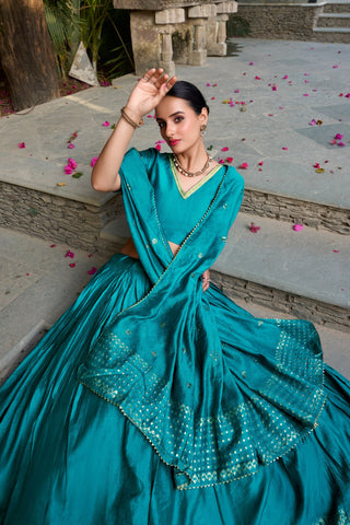 Sky Blue Pure Chanderi Zari Weaving Lehenga Choli Set with 4-Meter Flair & Sequins Embroidered Dupatta ClothsVilla
