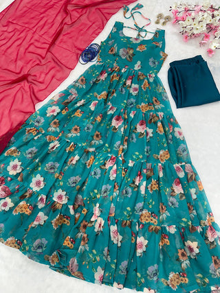 Sky Blue Rakhi Special Digital Print Anarkali Suit – Elegance with a Modern Touch