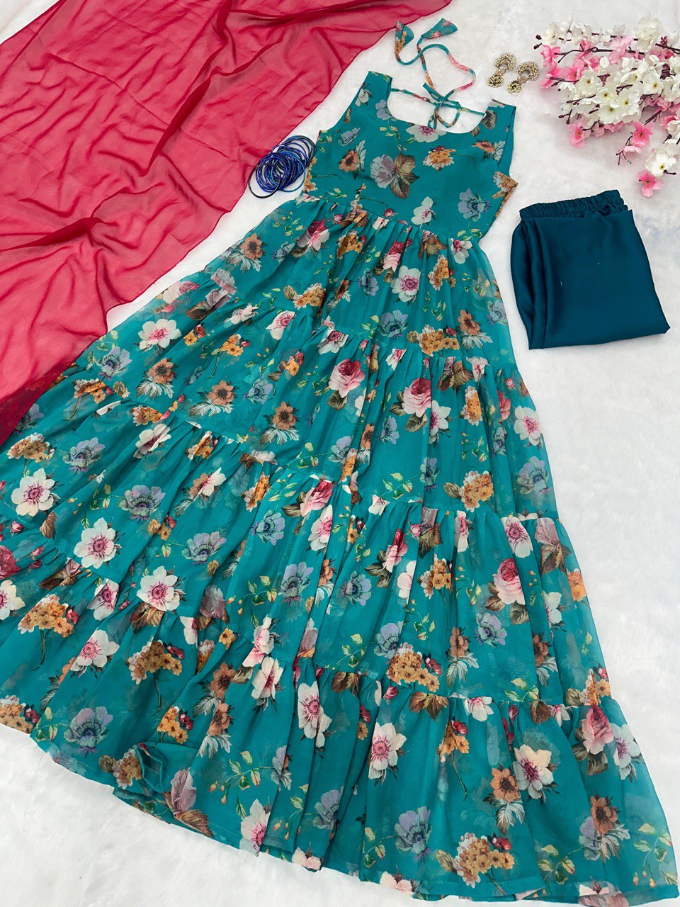 Sky Blue Rakhi Special Digital Print Anarkali Suit – Elegance with a Modern Touch