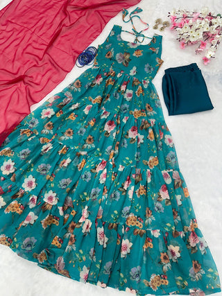 Sky Blue Rakhi Special Digital Print Anarkali Suit – Elegance with a Modern Touch