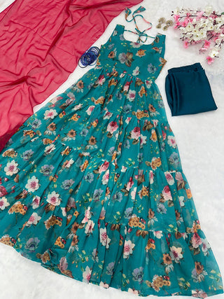 Sky Blue Rakhi Special Digital Print Anarkali Suit – Elegance with a Modern Touch