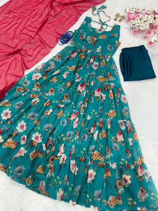Sky Blue Rakhi Special Digital Print Anarkali Suit – Elegance with a Modern Touch
