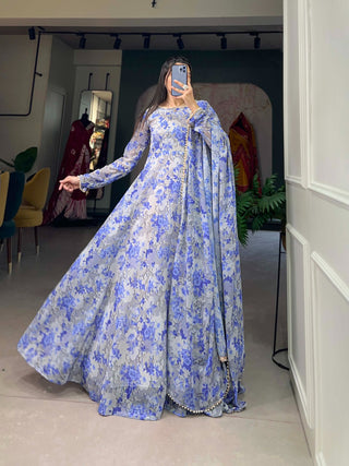 Sky Blue Ready-to-Wear Georgette Gown with Matching Dupatta ClothsVilla