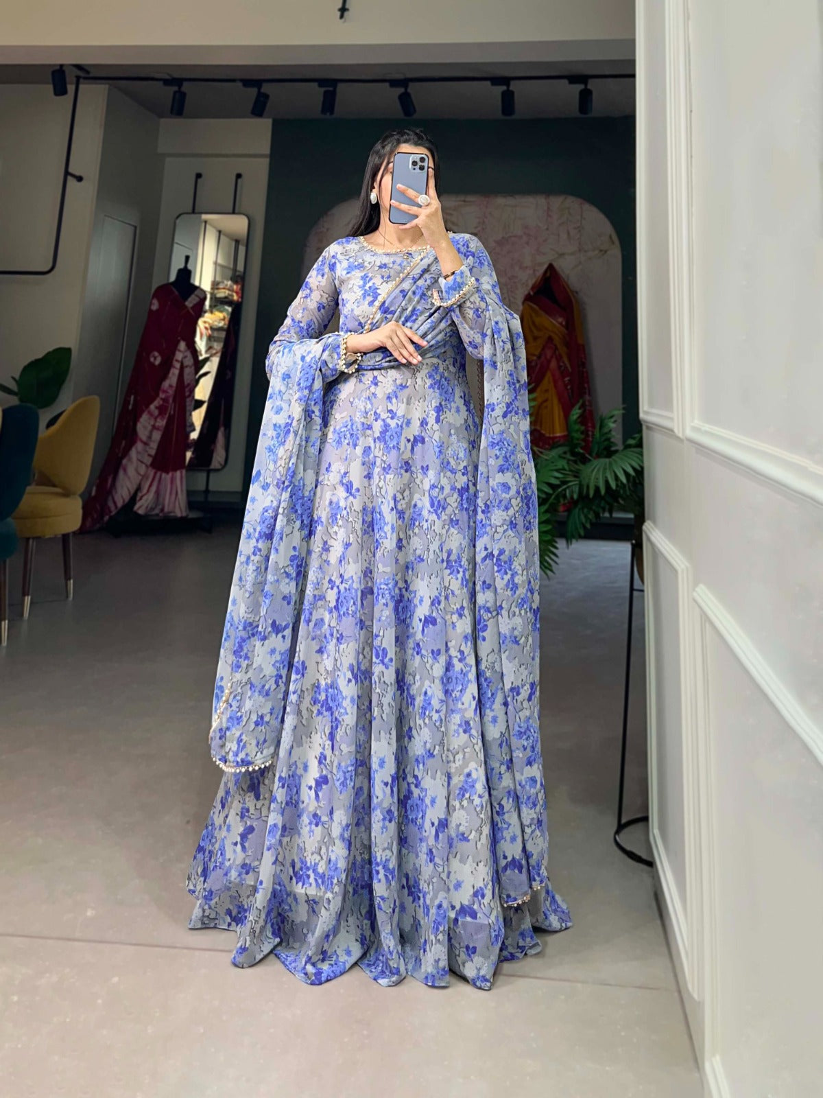 Sky Blue Ready-to-Wear Georgette Gown with Matching Dupatta ClothsVilla Main image