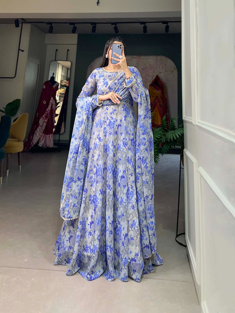 Sky Blue Ready-to-Wear Georgette Gown with Matching Dupatta ClothsVilla