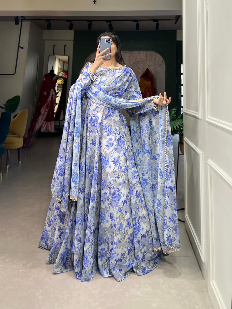 Sky Blue Ready-to-Wear Georgette Gown with Matching Dupatta ClothsVilla