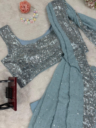 Sky Blue Ready-to-Wear Lehenga Saree – Elegant & Stylish