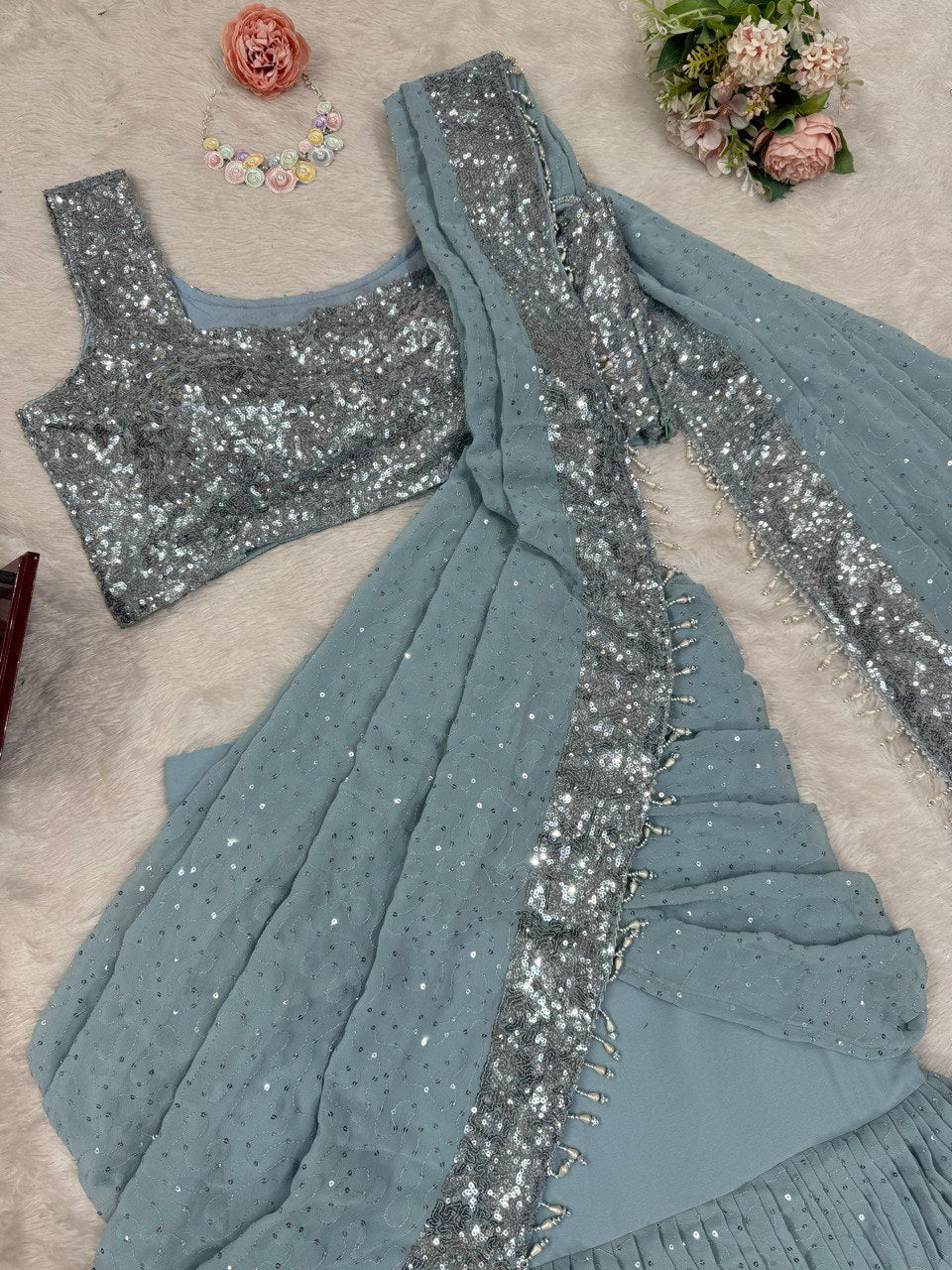 Sky Blue Ready-to-Wear Lehenga Saree – Elegant & Stylish