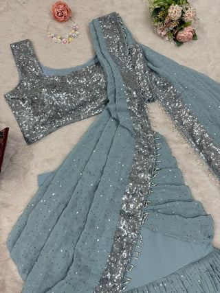 Sky Blue Ready-to-Wear Lehenga Saree – Elegant & Stylish