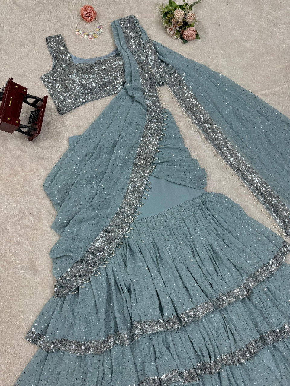 Sky Blue Ready-to-Wear Lehenga Saree – Elegant & Stylish