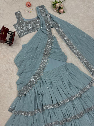 Sky Blue Ready-to-Wear Lehenga Saree – Elegant & Stylish