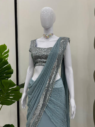 Sky Blue Ready-to-Wear Lehenga Saree – Elegant & Stylish