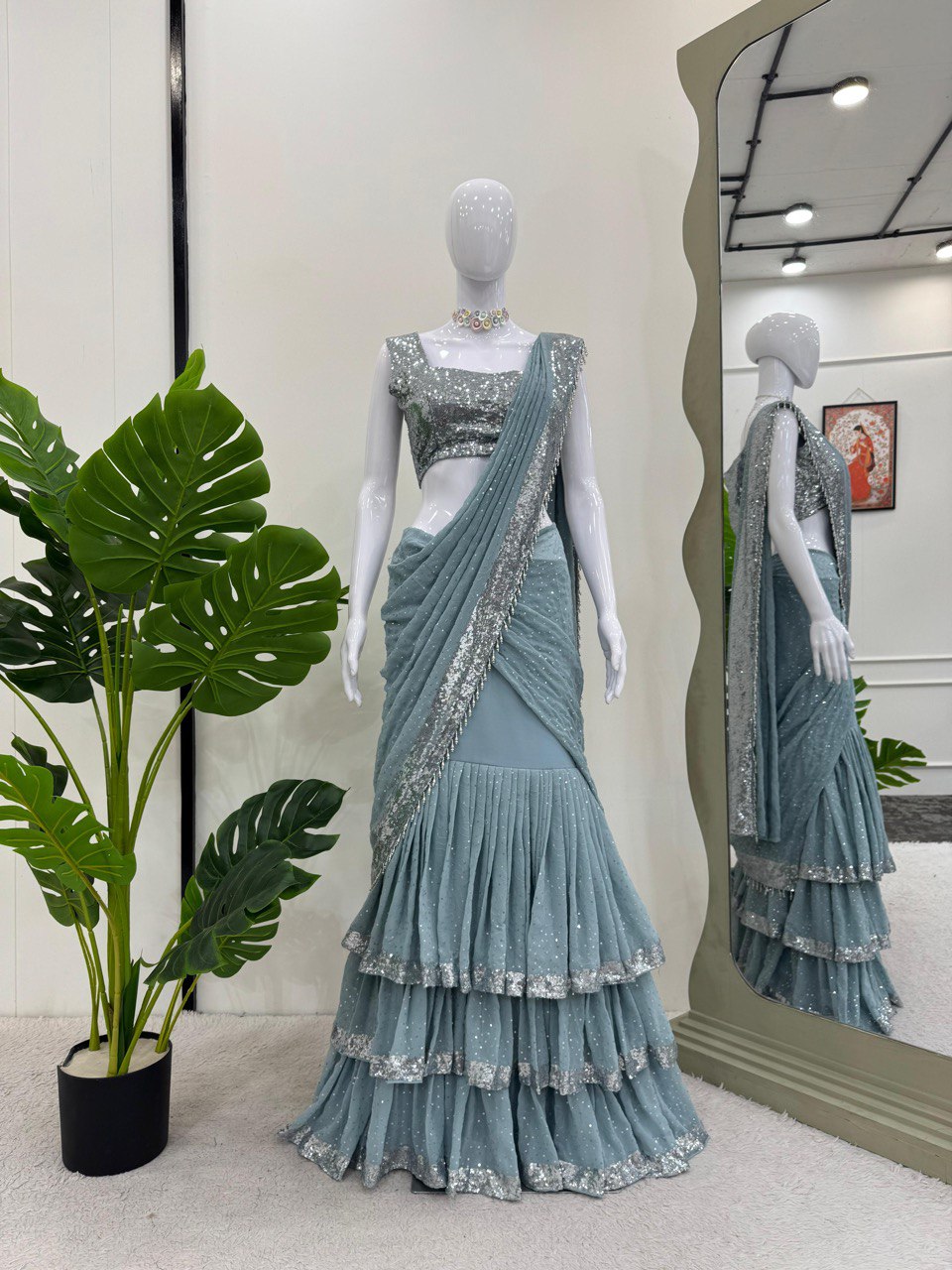 Sky Blue Ready-to-Wear Lehenga Saree – Elegant & Stylish