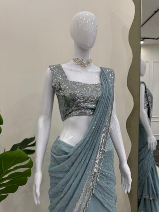 Sky Blue Ready-to-Wear Lehenga Saree – Elegant & Stylish
