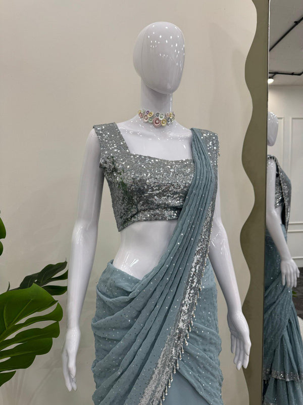 Sky Blue Ready-to-Wear Lehenga Saree – Elegant & Stylish