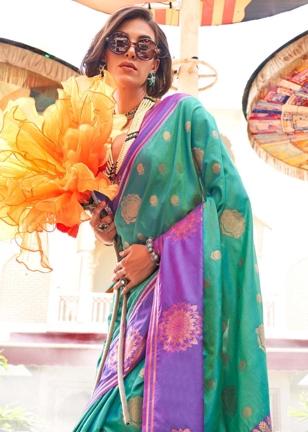 Sky Blue Regal Banarasi Silk Saree – Vintage Elegance with Intricate Detailing ClothsVilla