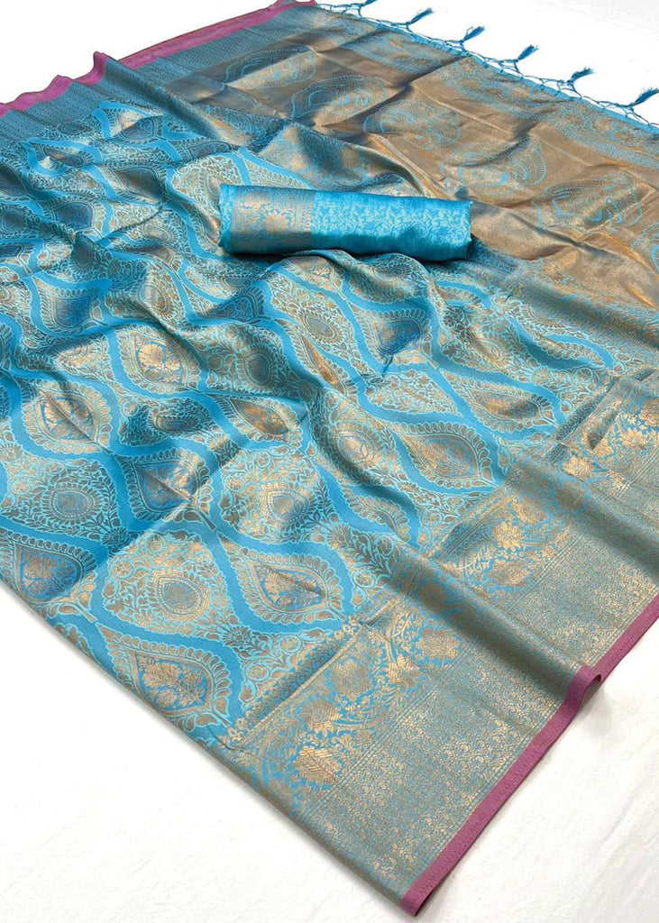 Sky Blue Regal Banarasi Silk Saree with Gold & Silver Zari Brocade Work ClothsVilla