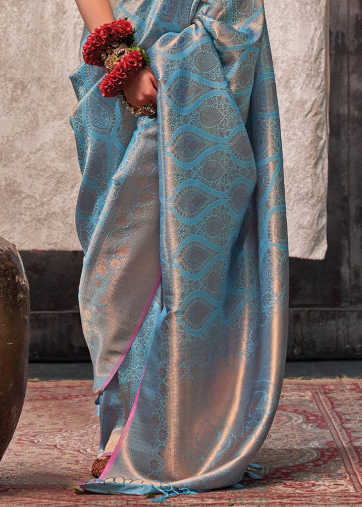 Sky Blue Regal Banarasi Silk Saree with Gold & Silver Zari Brocade Work ClothsVilla