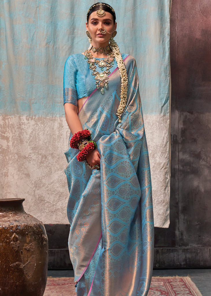 Sky Blue Regal Banarasi Silk Saree with Gold & Silver Zari Brocade Work ClothsVilla