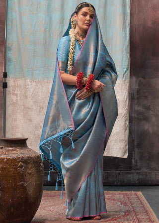 Sky Blue Regal Banarasi Silk Saree with Gold & Silver Zari Brocade Work ClothsVilla