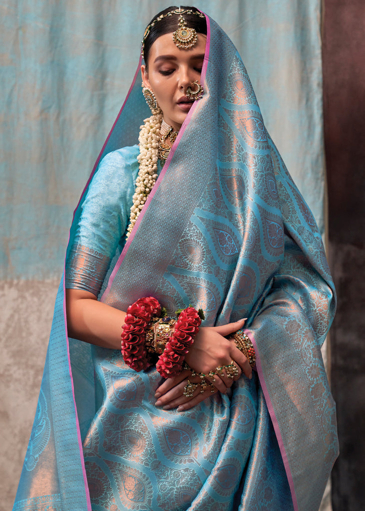 Sky Blue Regal Banarasi Silk Saree with Gold & Silver Zari Brocade Work ClothsVilla