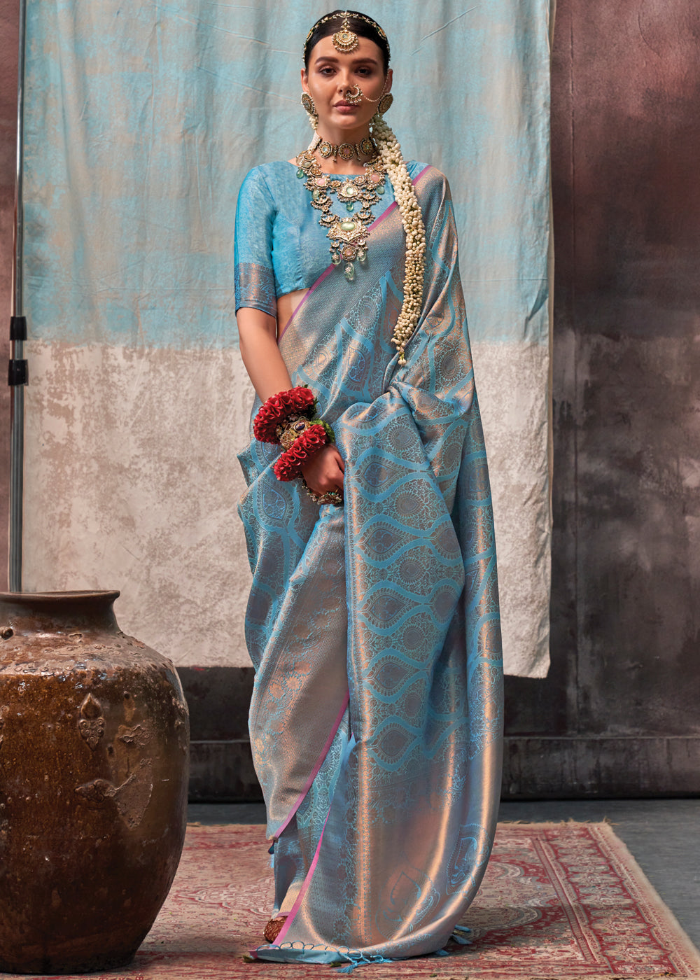 Sky Blue Regal Banarasi Silk Saree with Gold & Silver Zari Brocade Work ClothsVilla Main image