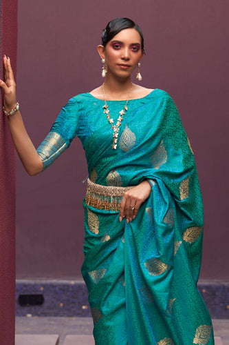 Sky Blue Regal Woven Pure Silk Banarasi Saree ClothsVilla