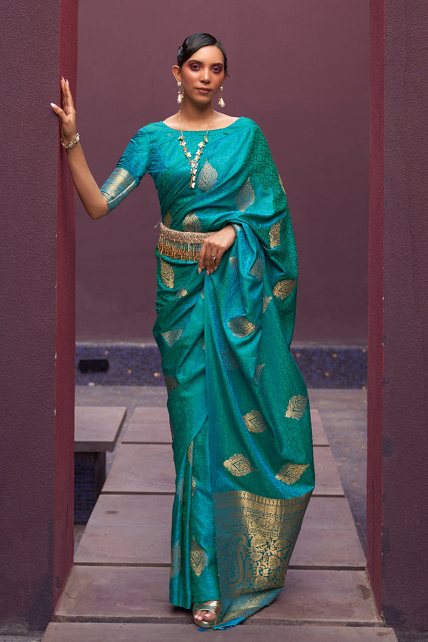 Sky Blue Regal Woven Pure Silk Banarasi Saree ClothsVilla