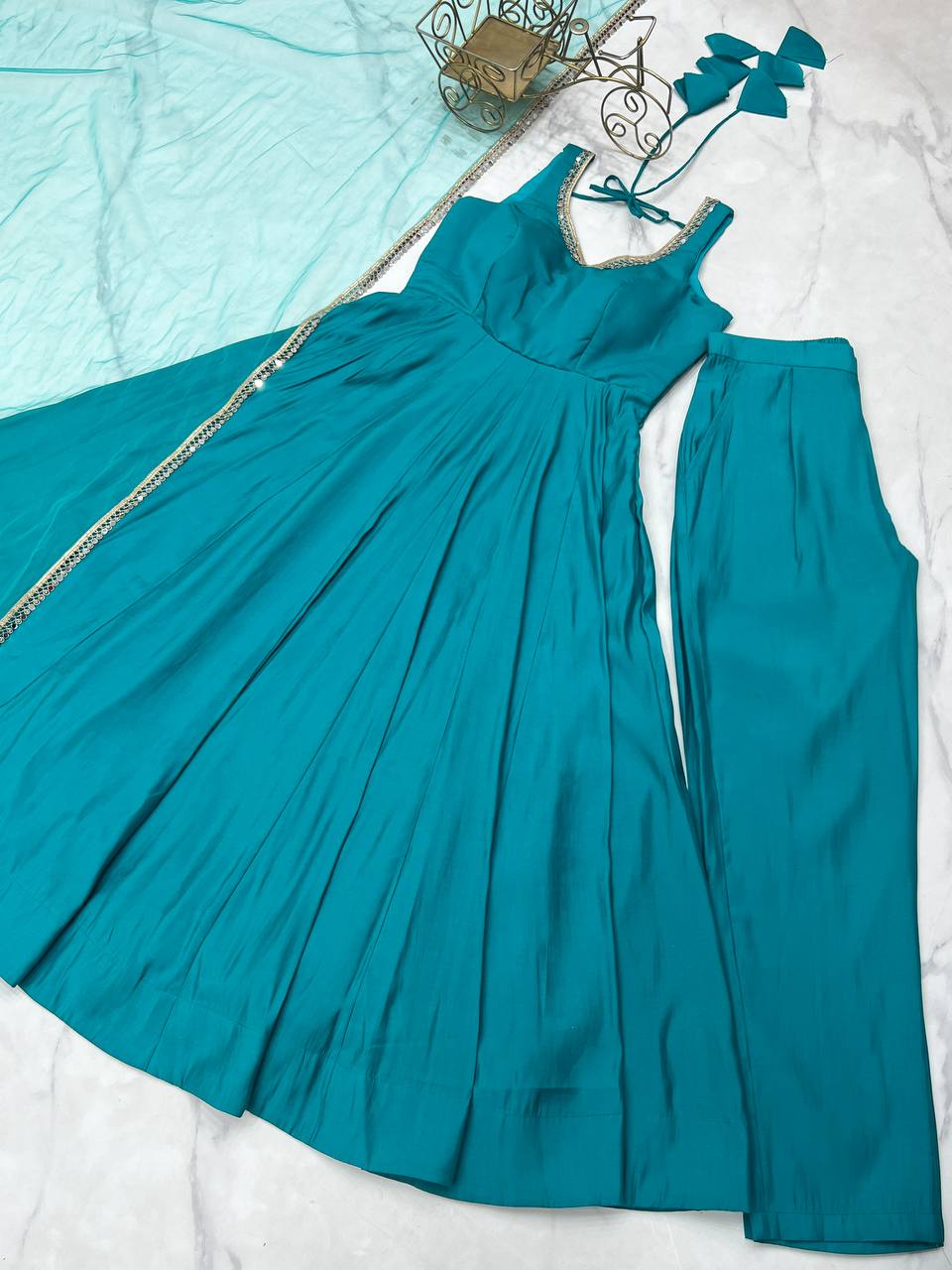 Sky Blue Roman Silk Chanderi Anarkali Gown Set with Pant & Net Dupatta ClothsVilla