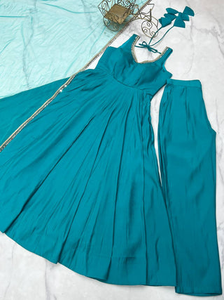 Sky Blue Roman Silk Chanderi Anarkali Gown Set with Pant & Net Dupatta ClothsVilla