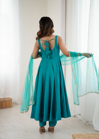 Sky Blue Roman Silk Chanderi Anarkali Gown Set with Pant & Net Dupatta ClothsVilla