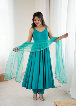 Sky Blue Roman Silk Chanderi Anarkali Gown Set with Pant & Net Dupatta ClothsVilla