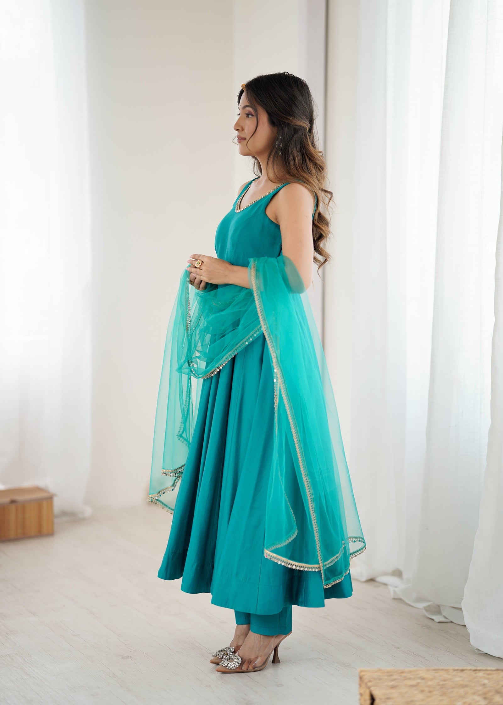 Sky Blue Roman Silk Chanderi Anarkali Gown Set with Pant & Net Dupatta ClothsVilla