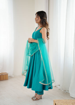 Sky Blue Roman Silk Chanderi Anarkali Gown Set with Pant & Net Dupatta ClothsVilla
