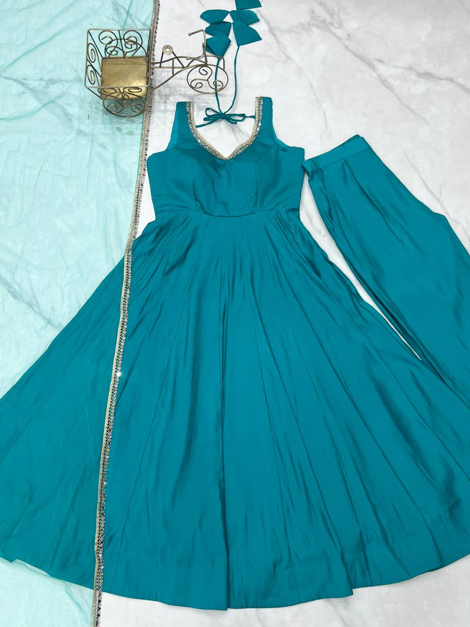 Sky Blue Roman Silk Chanderi Anarkali Gown Set with Pant & Net Dupatta ClothsVilla