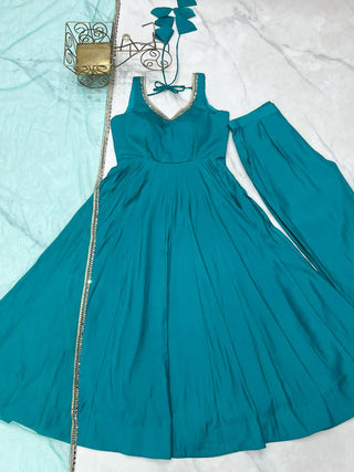Sky Blue Roman Silk Chanderi Anarkali Gown Set with Pant & Net Dupatta ClothsVilla