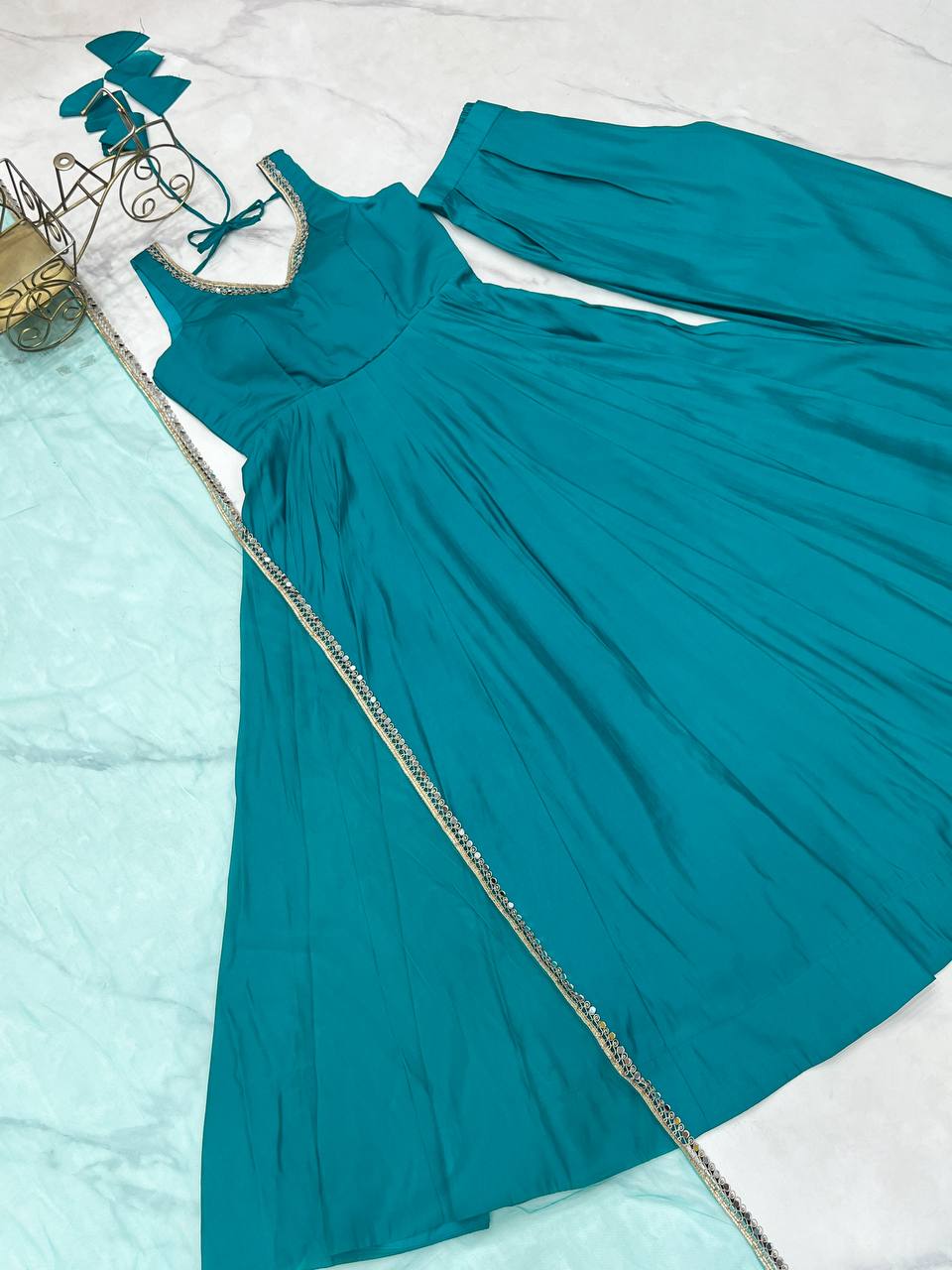 Sky Blue Roman Silk Chanderi Anarkali Gown Set with Pant & Net Dupatta ClothsVilla