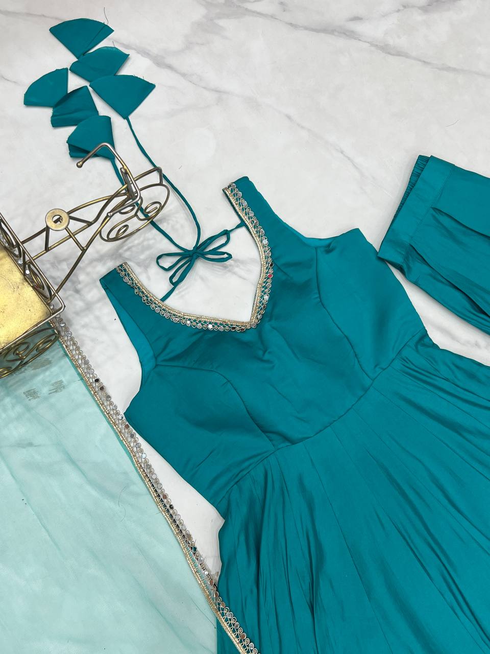 Sky Blue Roman Silk Chanderi Anarkali Gown Set with Pant & Net Dupatta ClothsVilla
